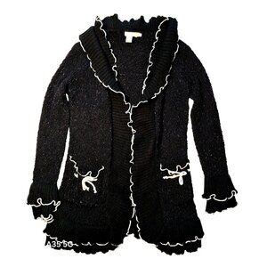 Black Michael K Womens Medium Ruffle Knit Cardigan With White Trim And Pocket Bo